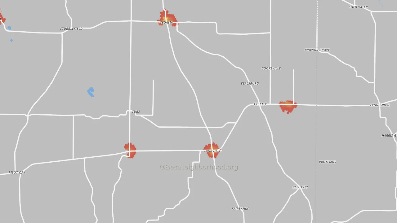 Walk Grade map of Sedalia, KY, walkable areas in green and car-dependent areas in red