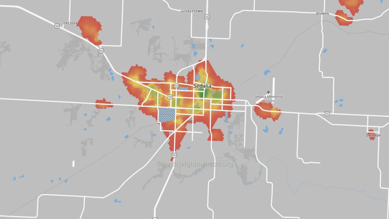 Walk Grade map of Sedalia, MO, walkable areas in green and car-dependent areas in red