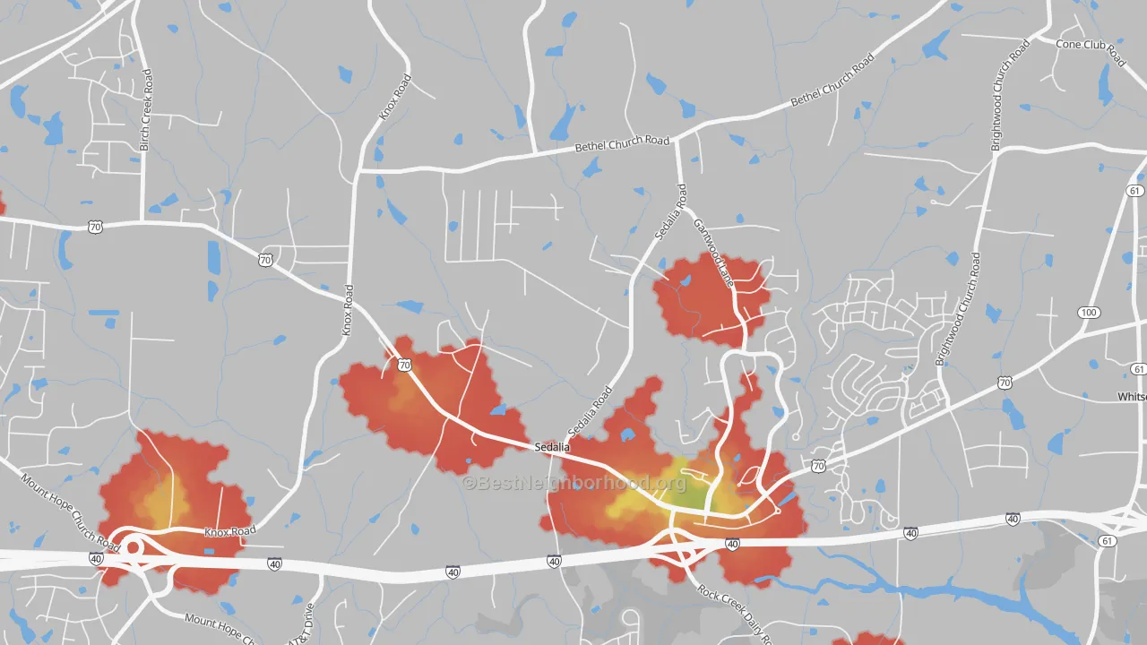 Walk Grade map of Sedalia, NC, walkable areas in green and car-dependent areas in red