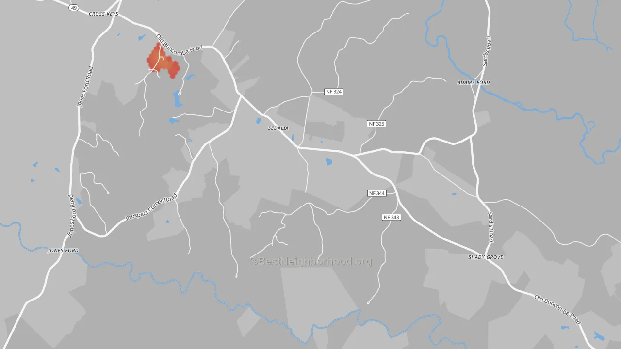 Walk Grade map of Sedalia, SC, walkable areas in green and car-dependent areas in red