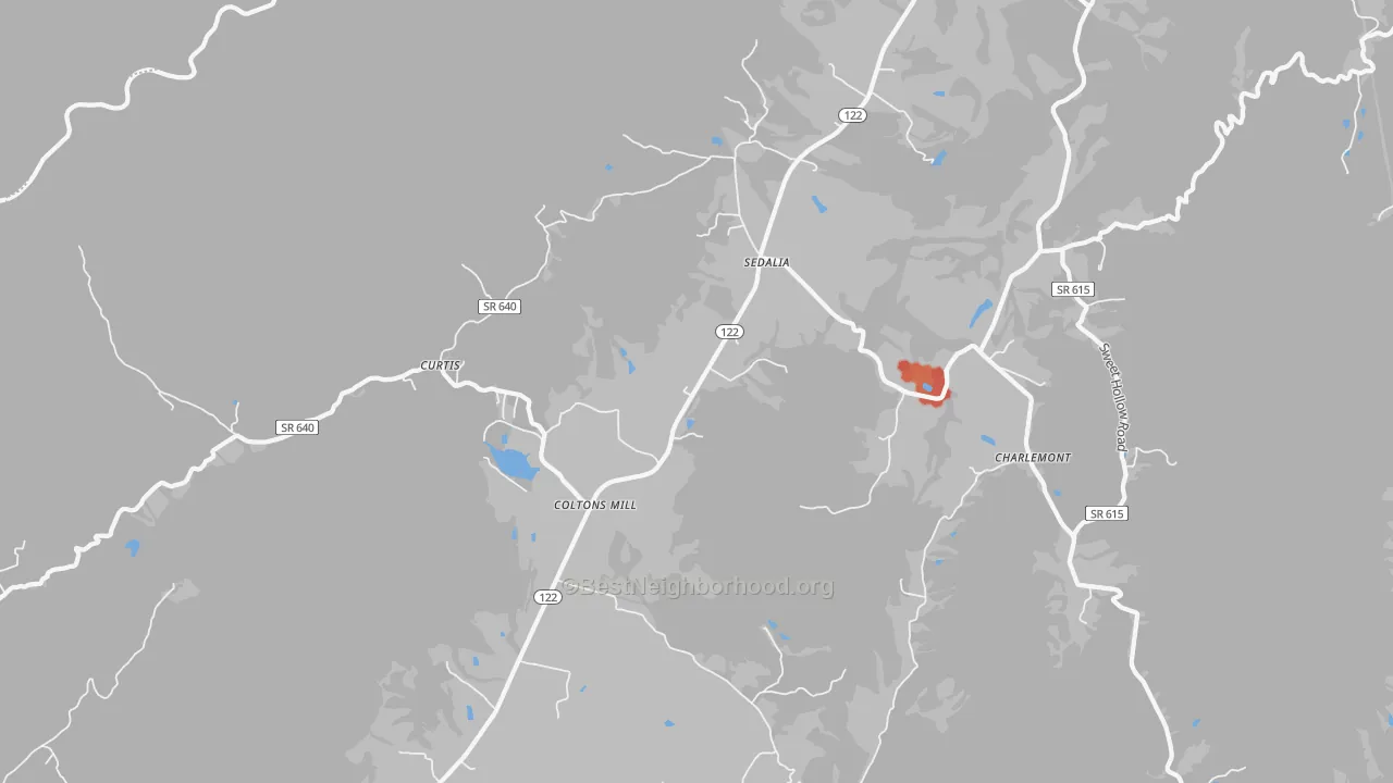 Walk Grade map of Sedalia, VA, walkable areas in green and car-dependent areas in red