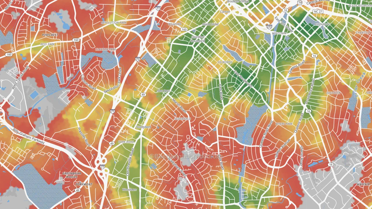 Walk Grade map of Sedgefield, Charlotte, NC, walkable areas in green and car-dependent areas in red