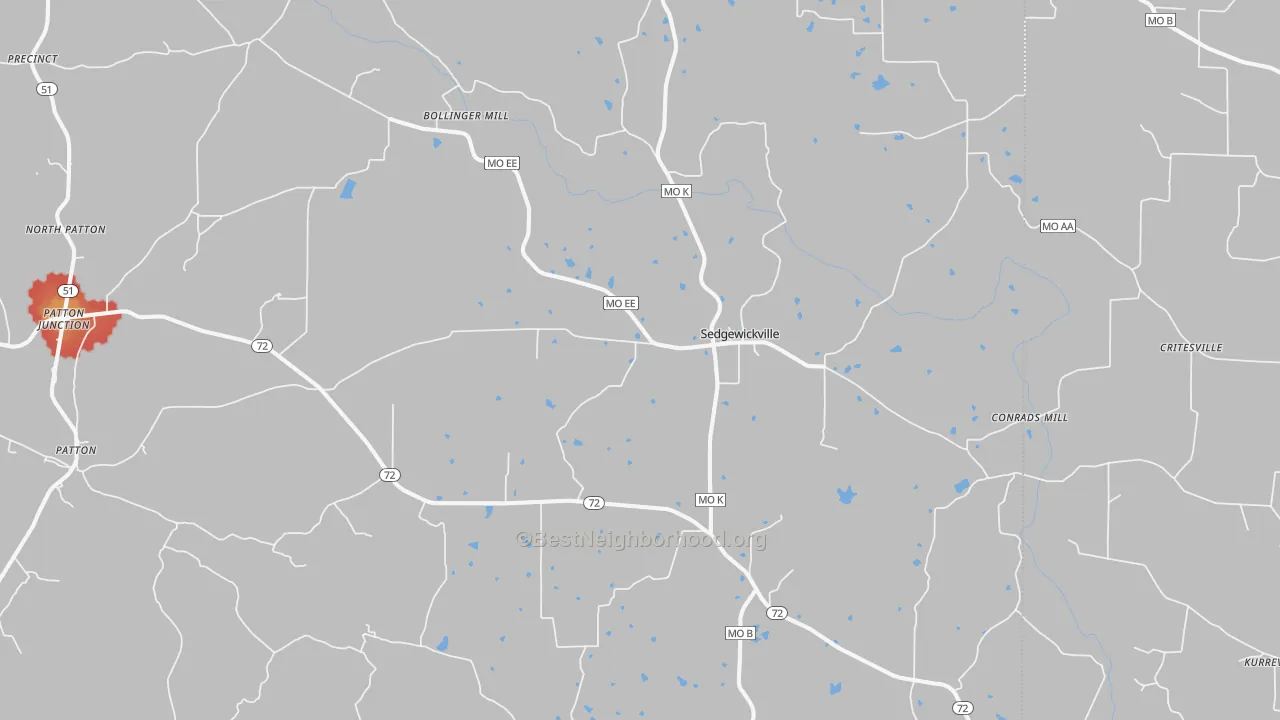 Walk Grade map of Sedgewickville, MO, walkable areas in green and car-dependent areas in red