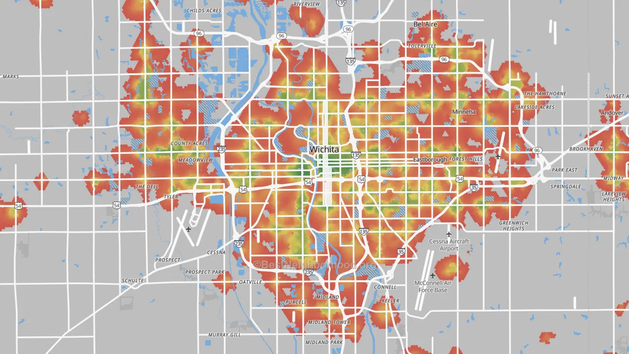 Walk Grade map of Sedgwick County, KS, walkable areas in green and car-dependent areas in red