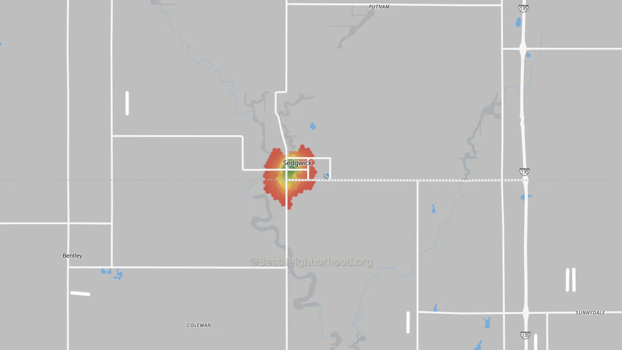 Walk Grade map of Sedgwick, KS, walkable areas in green and car-dependent areas in red