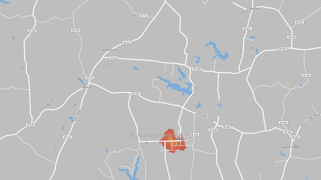 Walk Grade map of Sedley, VA, walkable areas in green and car-dependent areas in red