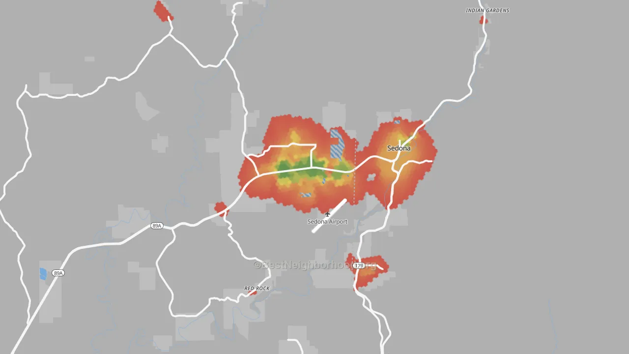 Walk Grade map of Sedona, AZ, walkable areas in green and car-dependent areas in red