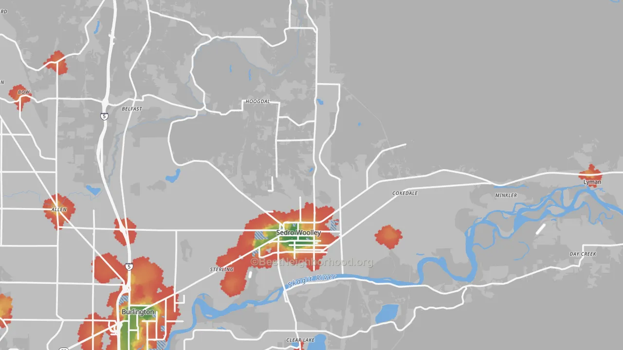 Walk Grade map of Sedro-Woolley, WA, walkable areas in green and car-dependent areas in red
