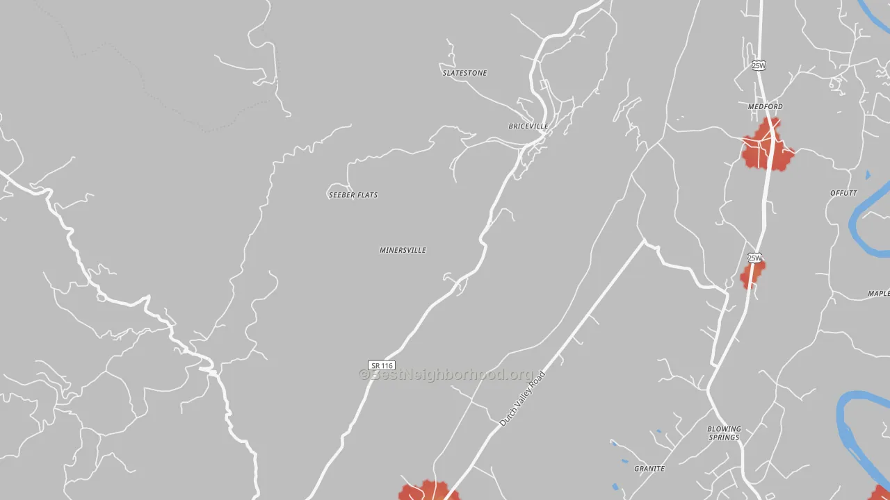 Walk Grade map of Seeber Flats, TN, walkable areas in green and car-dependent areas in red