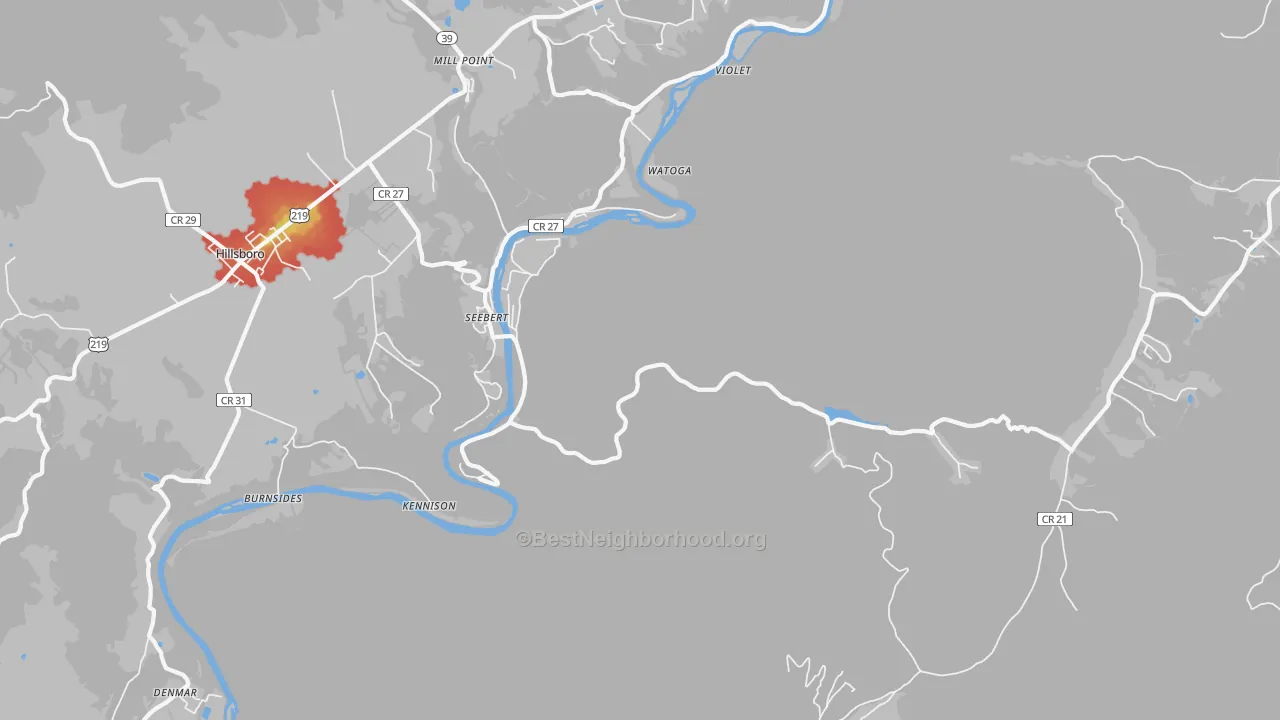Walk Grade map of Seebert, WV, walkable areas in green and car-dependent areas in red