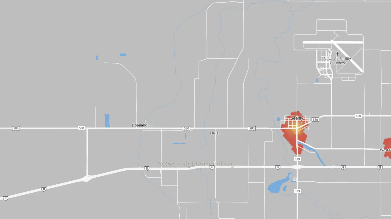 Walk Grade map of Seeley, CA, walkable areas in green and car-dependent areas in red