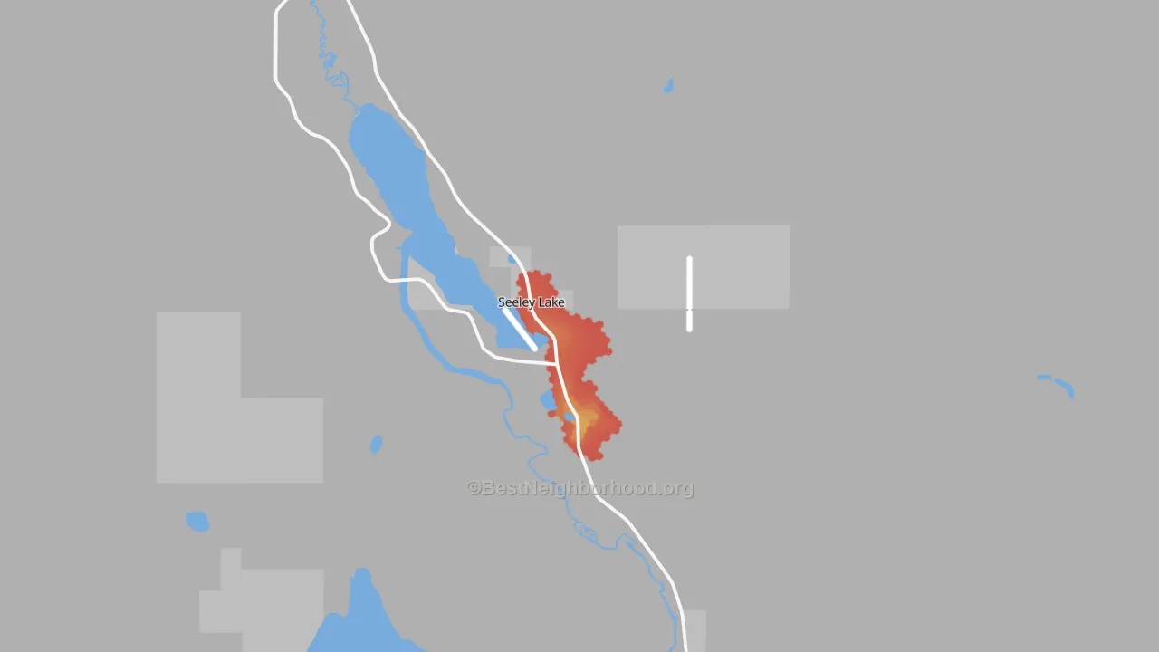 Walk Grade map of Seeley Lake, MT, walkable areas in green and car-dependent areas in red