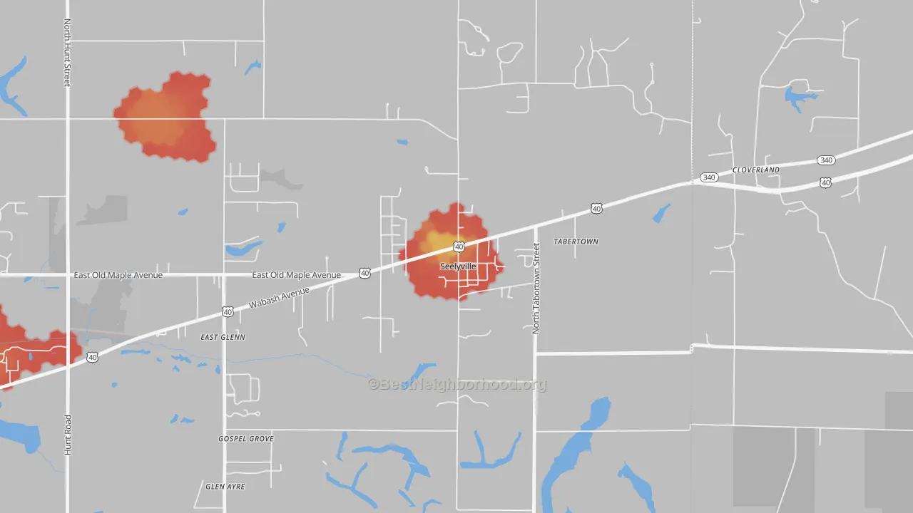 Walk Grade map of Seelyville, IN, walkable areas in green and car-dependent areas in red