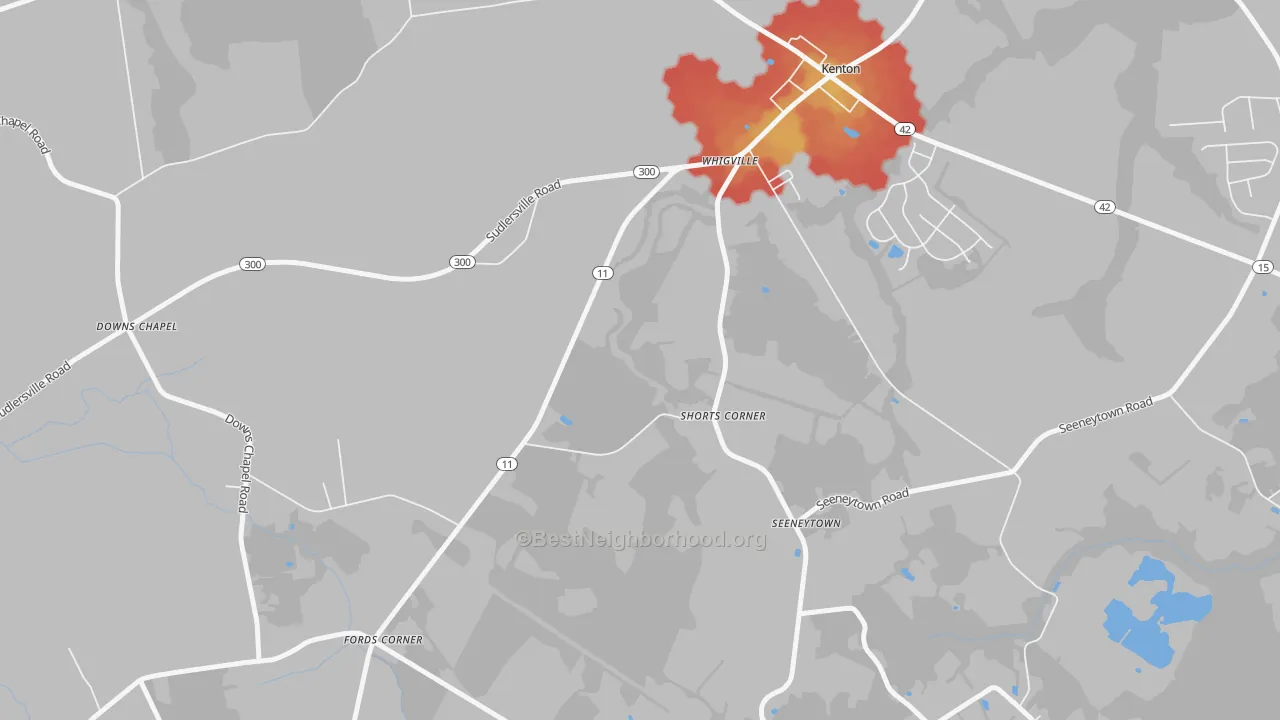 Walk Grade map of Seeneytown, DE, walkable areas in green and car-dependent areas in red