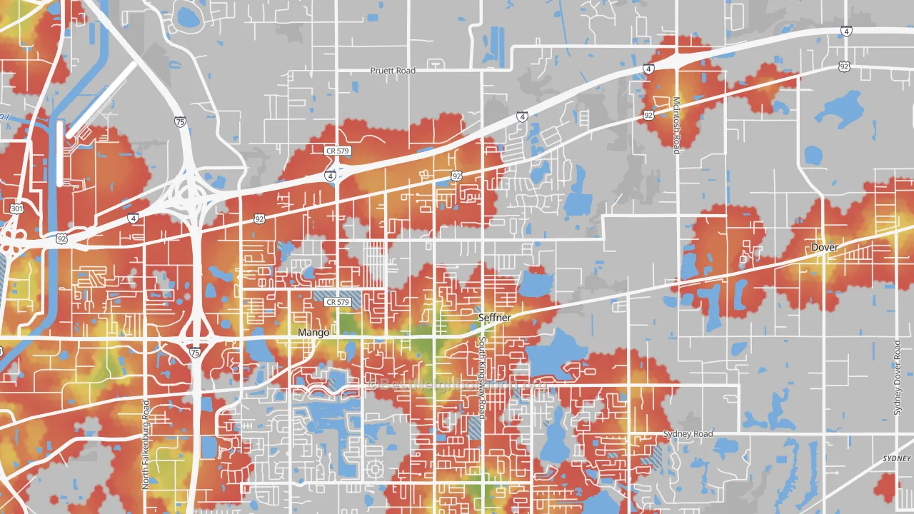 Walk Grade map of Seffner, FL, walkable areas in green and car-dependent areas in red