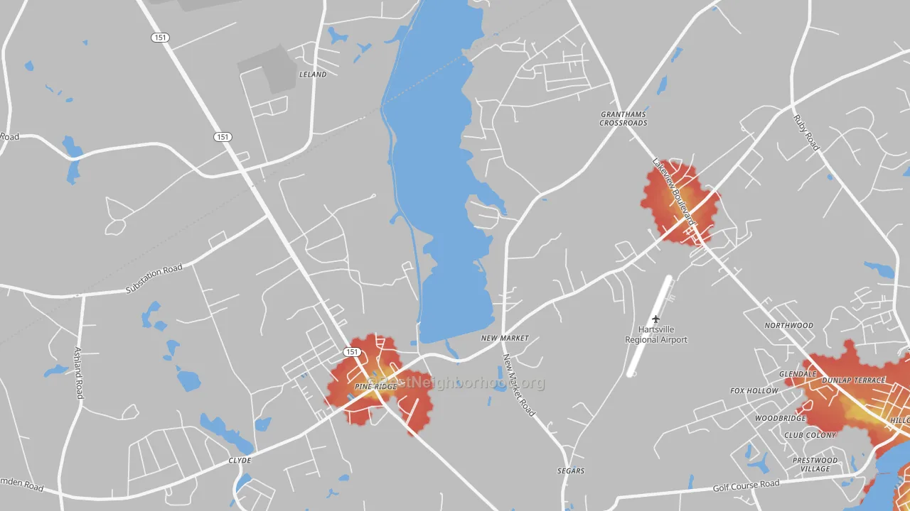 Walk Grade map of Segars, SC, walkable areas in green and car-dependent areas in red