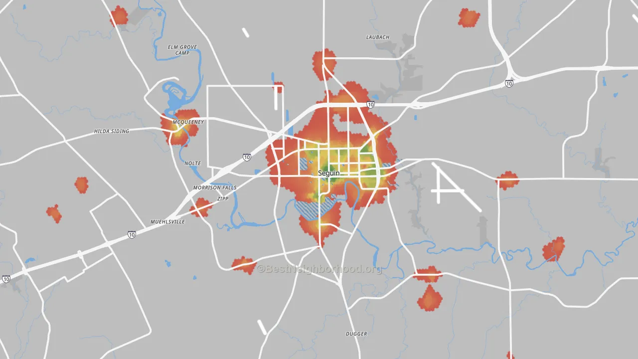 Walk Grade map of Seguin, TX, walkable areas in green and car-dependent areas in red