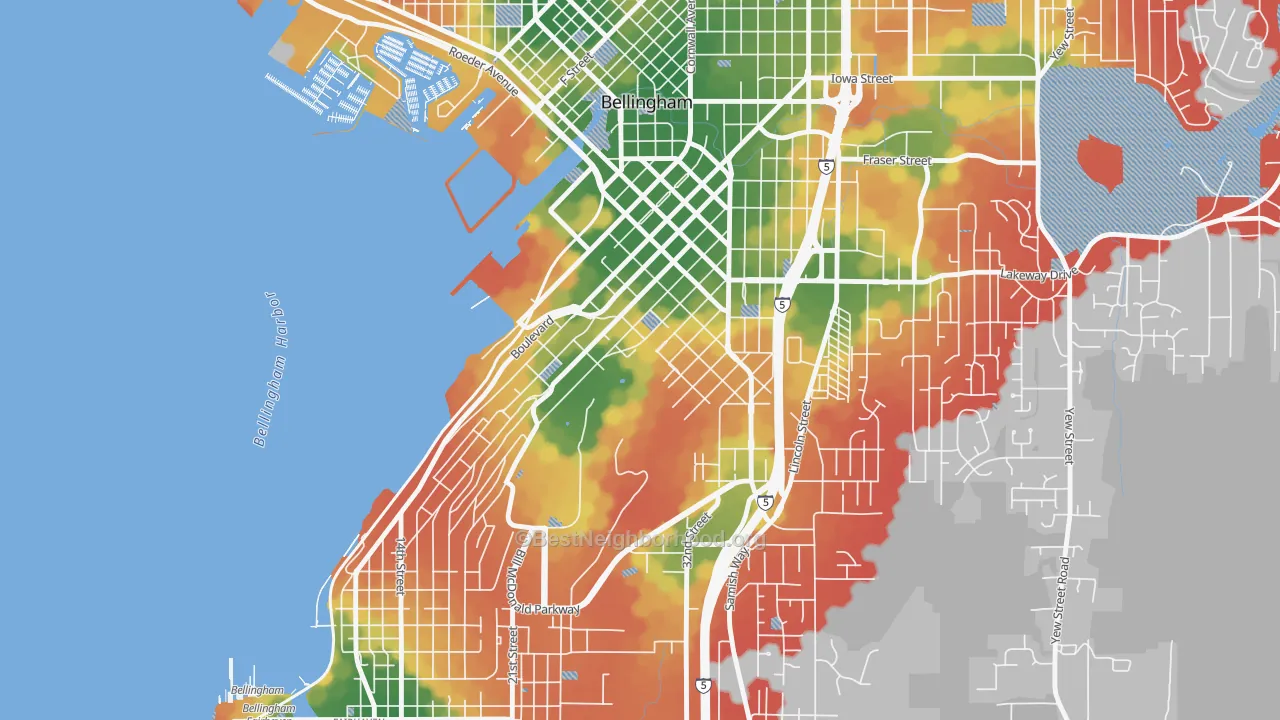 Walk Grade map of Sehome, Bellingham, WA, walkable areas in green and car-dependent areas in red