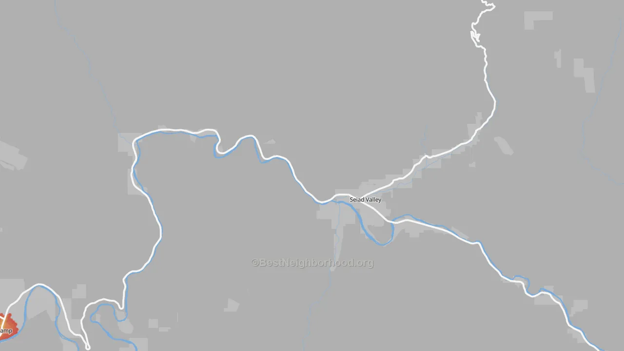 Walk Grade map of Seiad Valley, CA, walkable areas in green and car-dependent areas in red