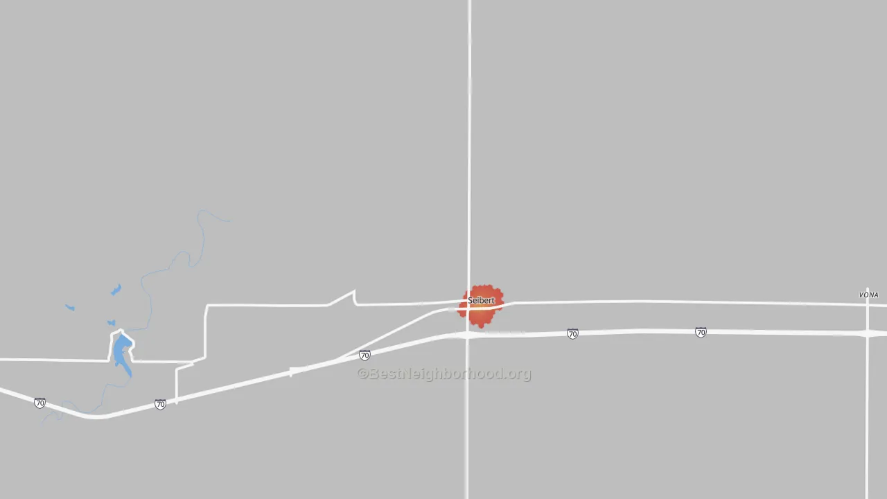 Walk Grade map of Seibert, CO, walkable areas in green and car-dependent areas in red
