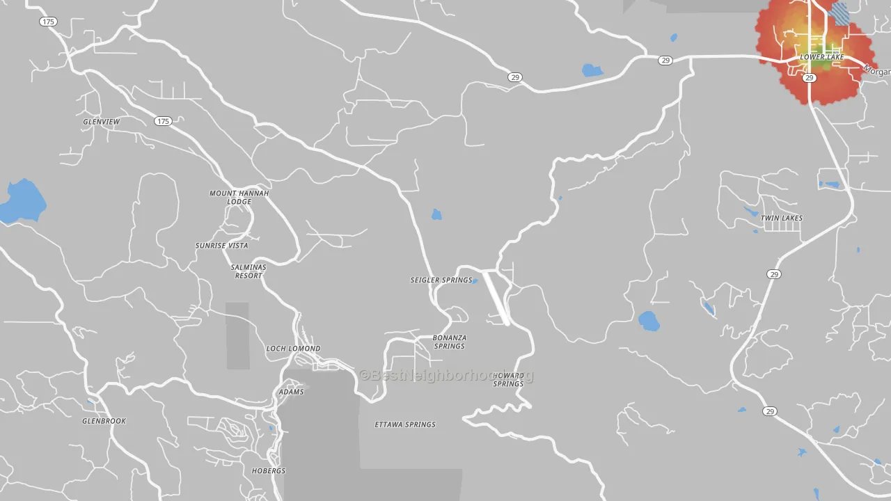 Walk Grade map of Seigler Springs, CA, walkable areas in green and car-dependent areas in red