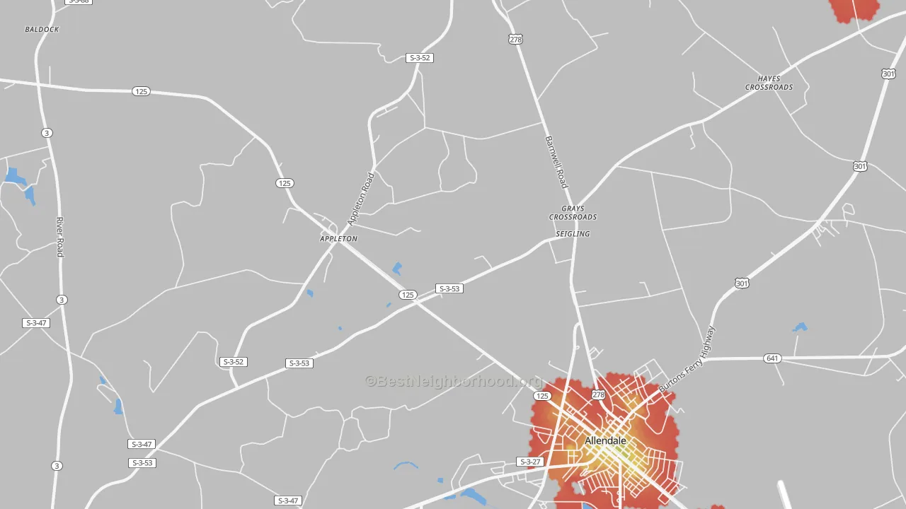 Walk Grade map of Seigling, SC, walkable areas in green and car-dependent areas in red