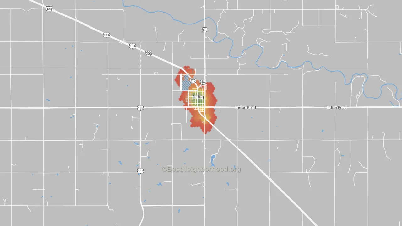 Walk Grade map of Seiling, OK, walkable areas in green and car-dependent areas in red