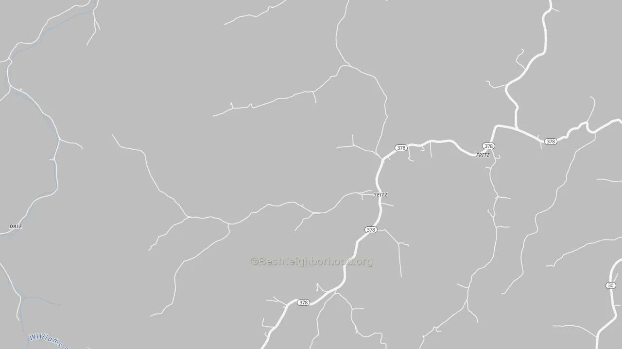 Walk Grade map of Seitz, KY, walkable areas in green and car-dependent areas in red