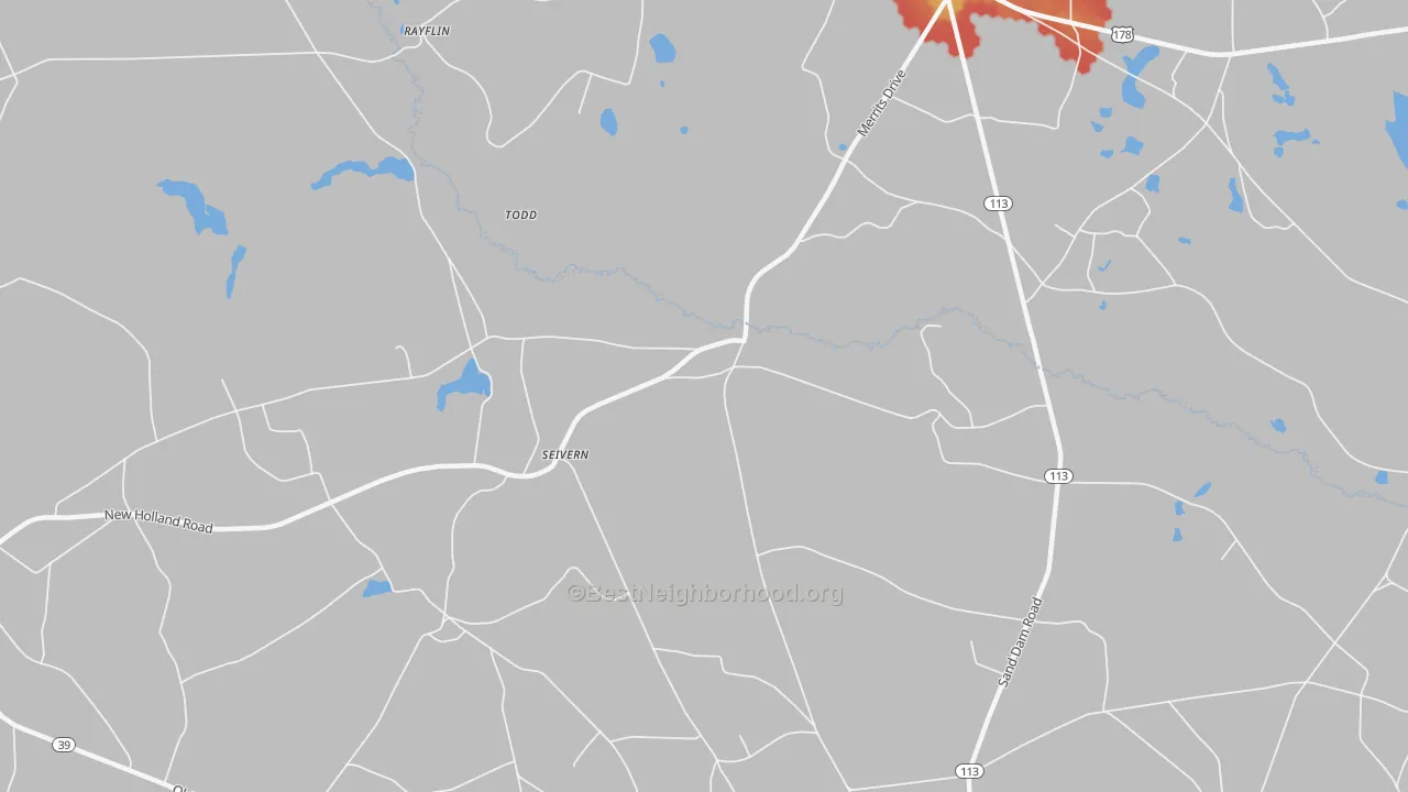 Walk Grade map of Seivern, SC, walkable areas in green and car-dependent areas in red