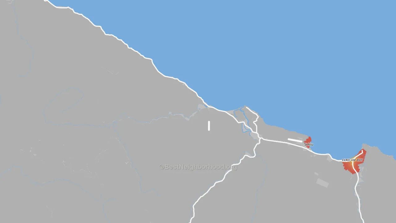 Walk Grade map of Sekiu, WA, walkable areas in green and car-dependent areas in red