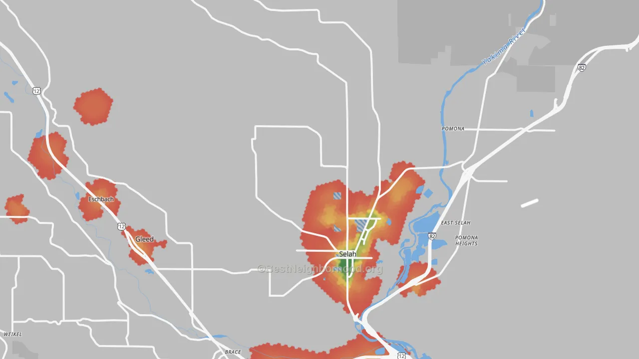 Walk Grade map of Selah, WA, walkable areas in green and car-dependent areas in red