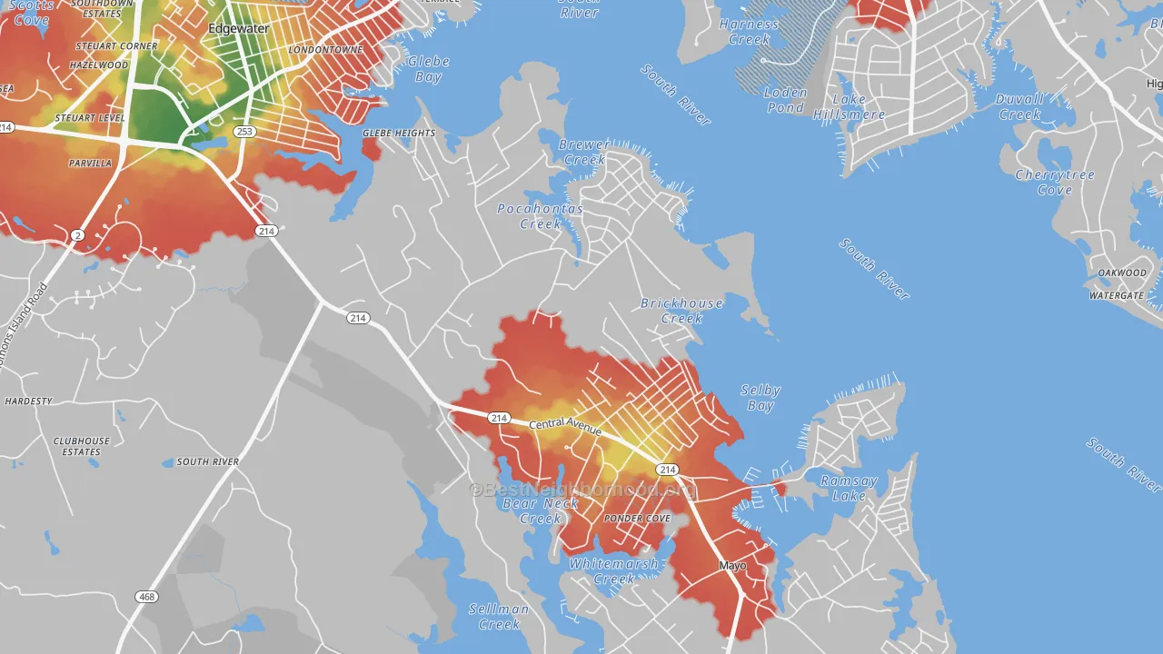 Walk Grade map of Selby-on-the-Bay, Mayo, MD, walkable areas in green and car-dependent areas in red