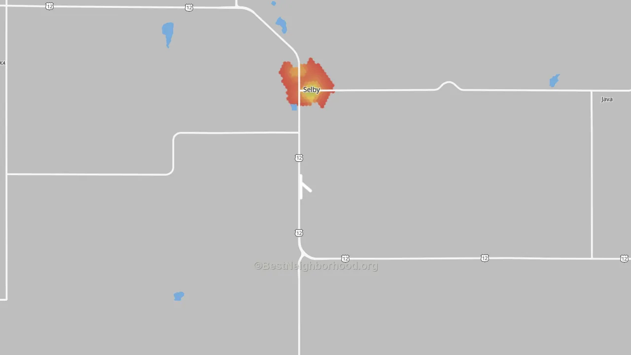 Walk Grade map of Selby, SD, walkable areas in green and car-dependent areas in red
