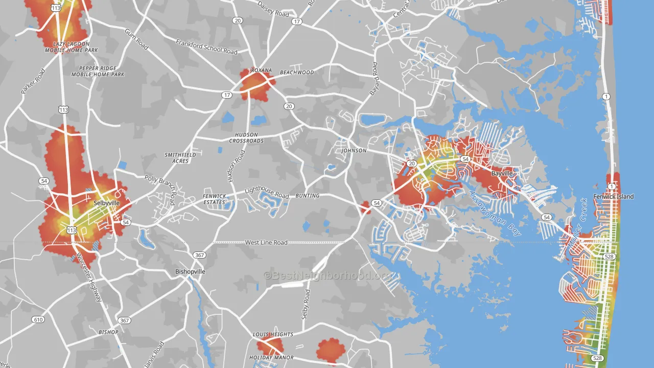 Walk Grade map of Selbyville, DE, walkable areas in green and car-dependent areas in red