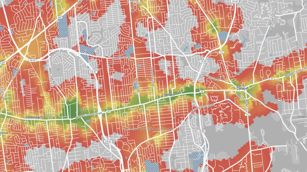 Walk Grade map of Selden, NY, walkable areas in green and car-dependent areas in red