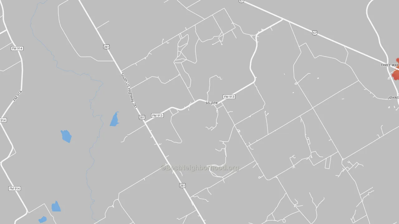Walk Grade map of Selden, TX, walkable areas in green and car-dependent areas in red
