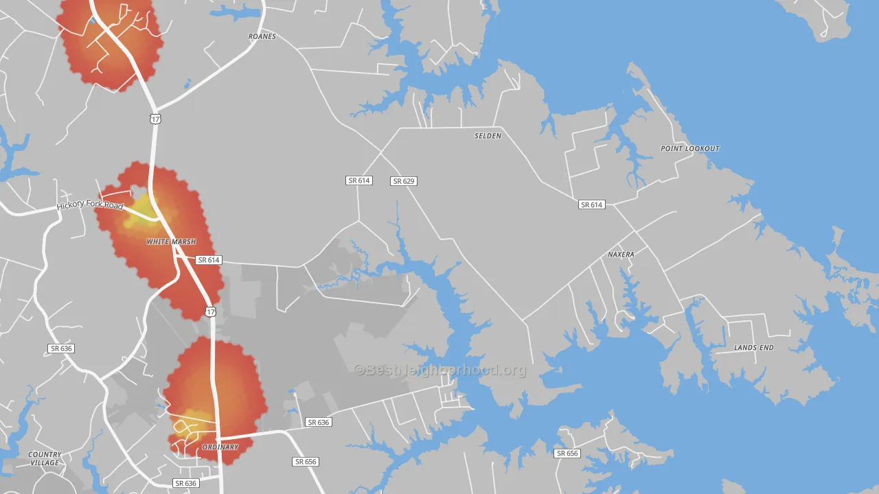 Walk Grade map of Selden, VA, walkable areas in green and car-dependent areas in red