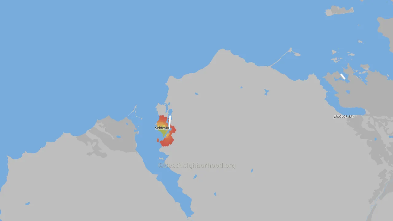 Walk Grade map of Seldovia, AK, walkable areas in green and car-dependent areas in red