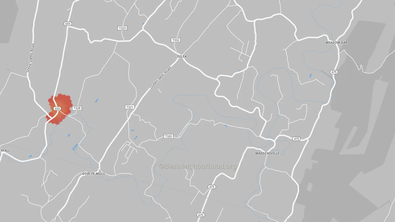 Walk Grade map of Selea, PA, walkable areas in green and car-dependent areas in red