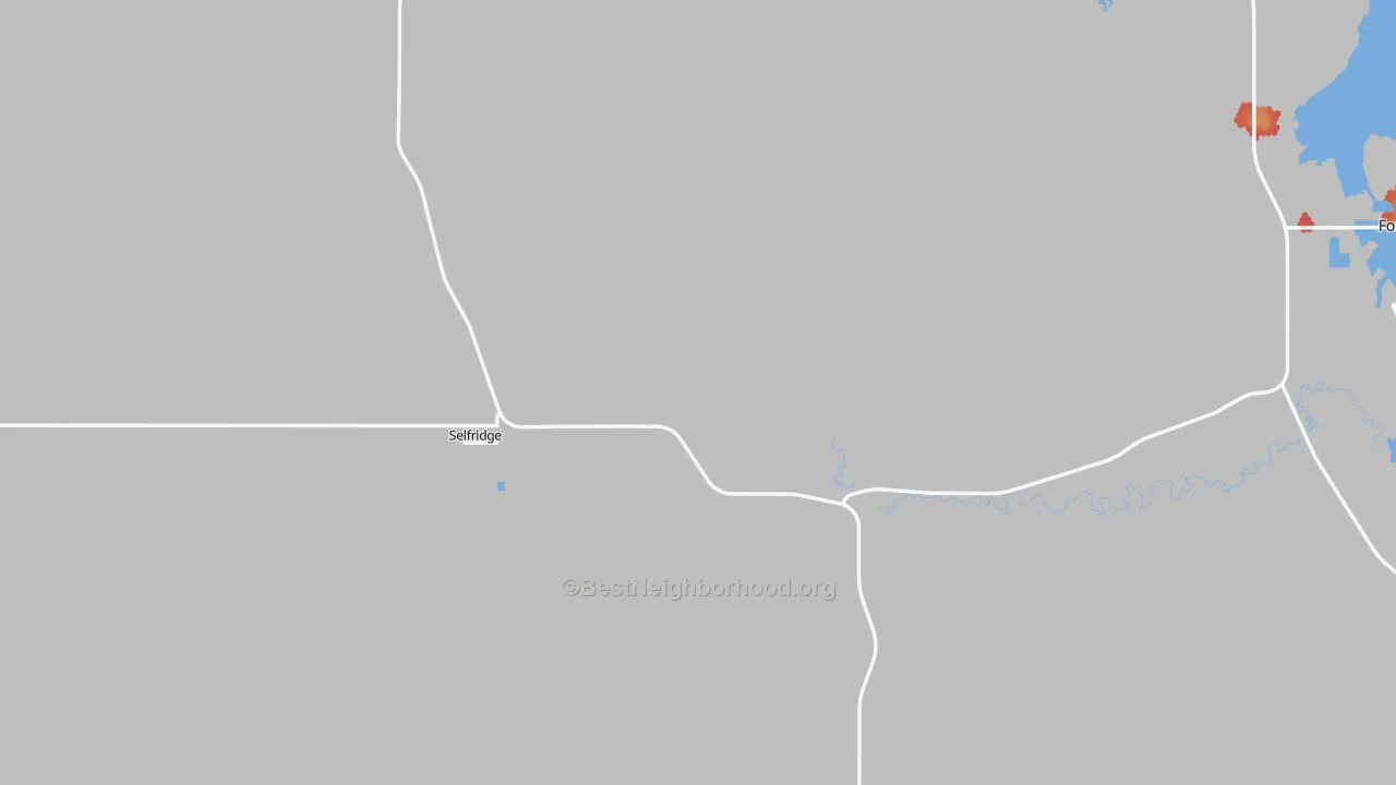 Walk Grade map of Selfridge, ND, walkable areas in green and car-dependent areas in red