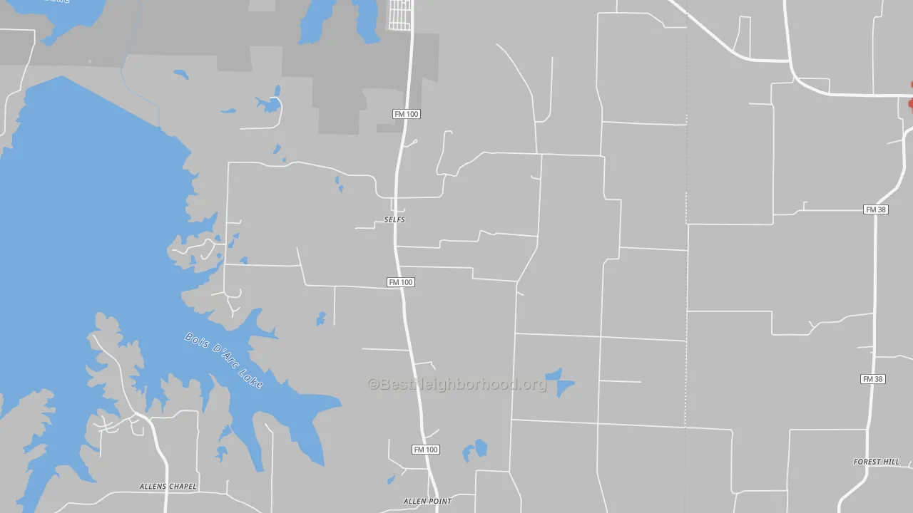 Walk Grade map of Selfs, TX, walkable areas in green and car-dependent areas in red