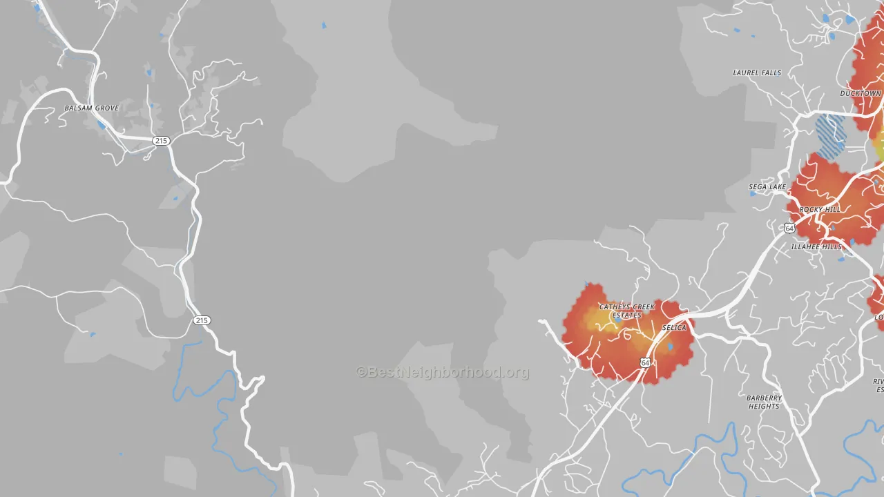 Walk Grade map of Selica, NC, walkable areas in green and car-dependent areas in red