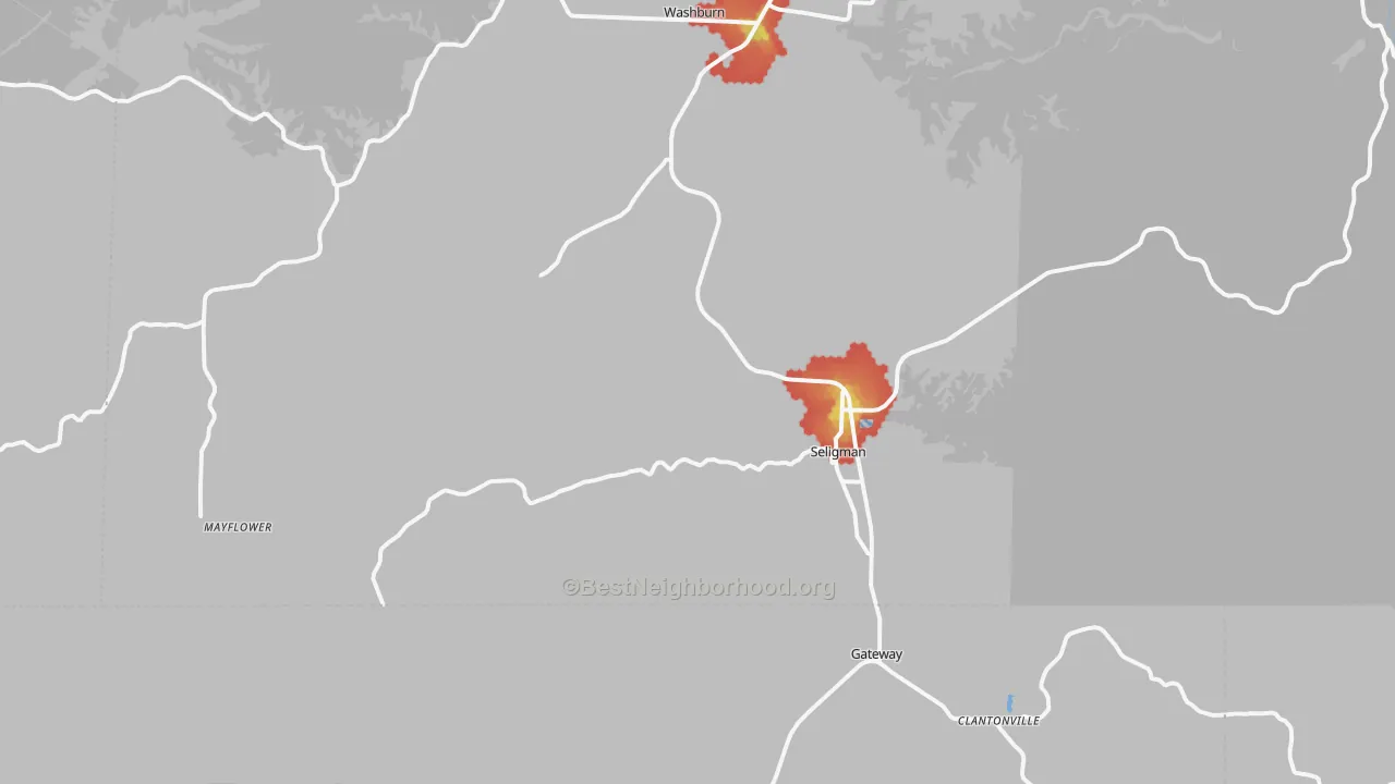 Walk Grade map of Seligman, MO, walkable areas in green and car-dependent areas in red