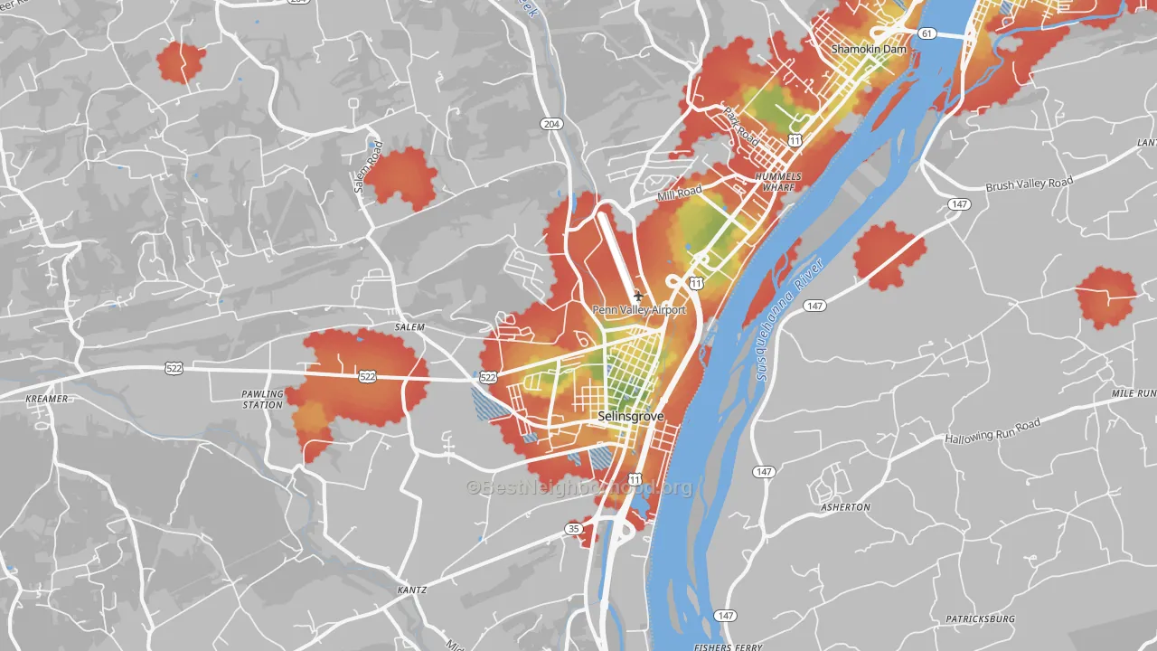 Walk Grade map of Selinsgrove, PA, walkable areas in green and car-dependent areas in red