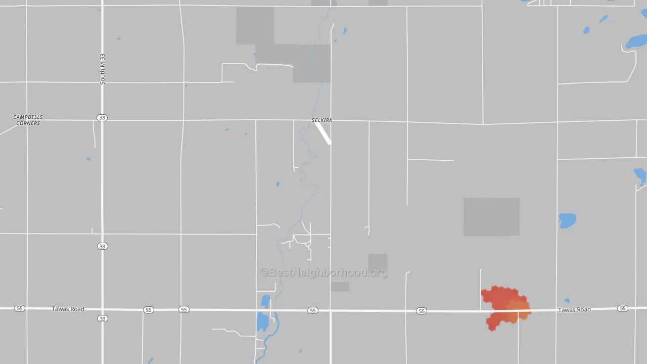 Walk Grade map of Selkirk, MI, walkable areas in green and car-dependent areas in red