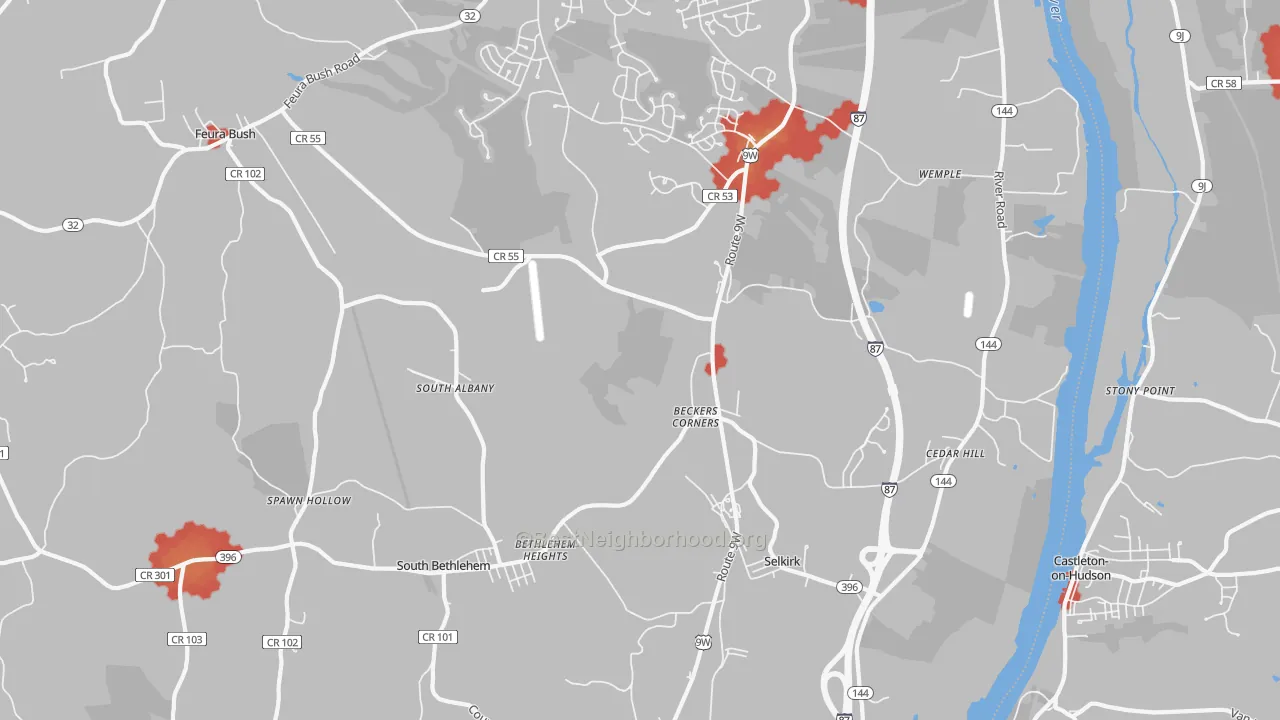 Walk Grade map of Selkirk, NY, walkable areas in green and car-dependent areas in red