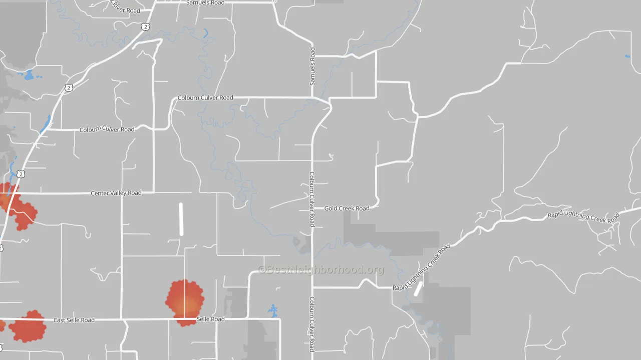 Walk Grade map of Selle, ID, walkable areas in green and car-dependent areas in red