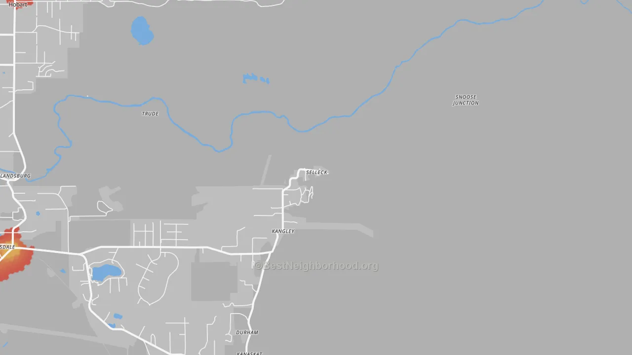 Walk Grade map of Selleck, WA, walkable areas in green and car-dependent areas in red