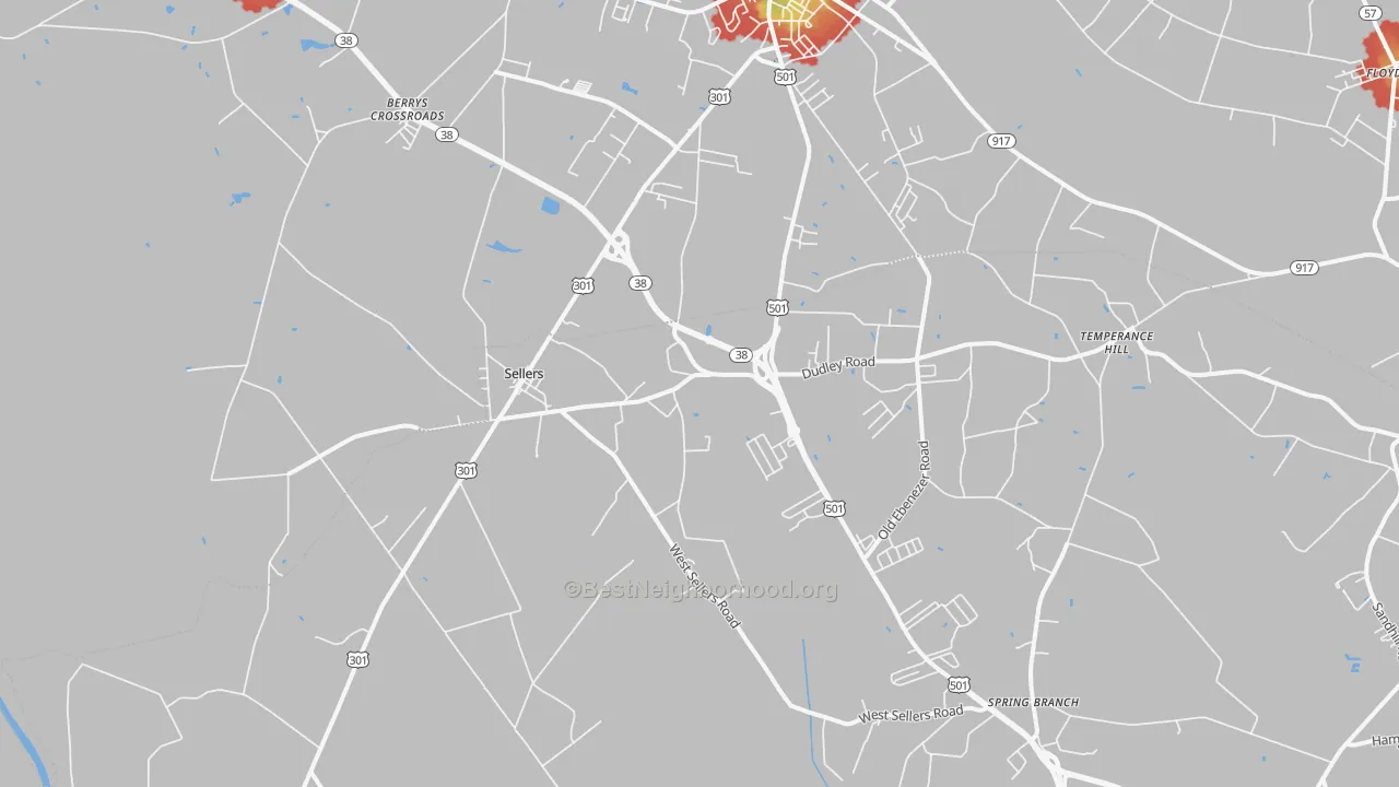 Walk Grade map of Sellers, SC, walkable areas in green and car-dependent areas in red