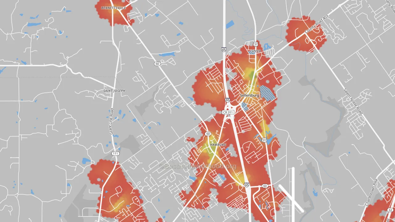 Walk Grade map of Sellersburg, IN, walkable areas in green and car-dependent areas in red